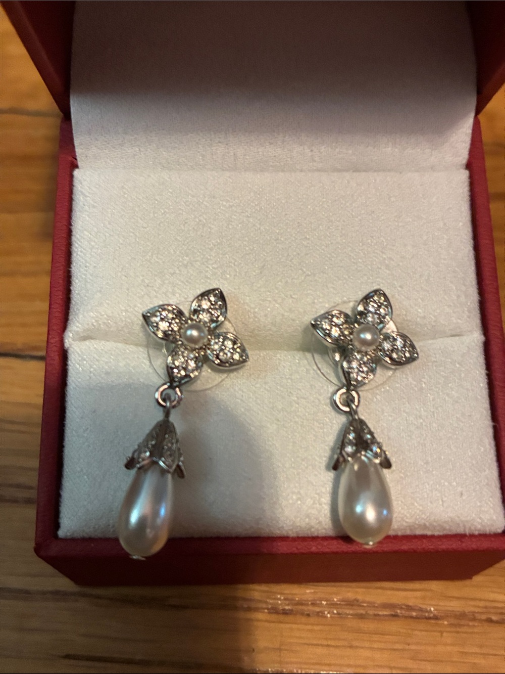 Swarovski Silver Crystal Floral Pearl Drop Earrings